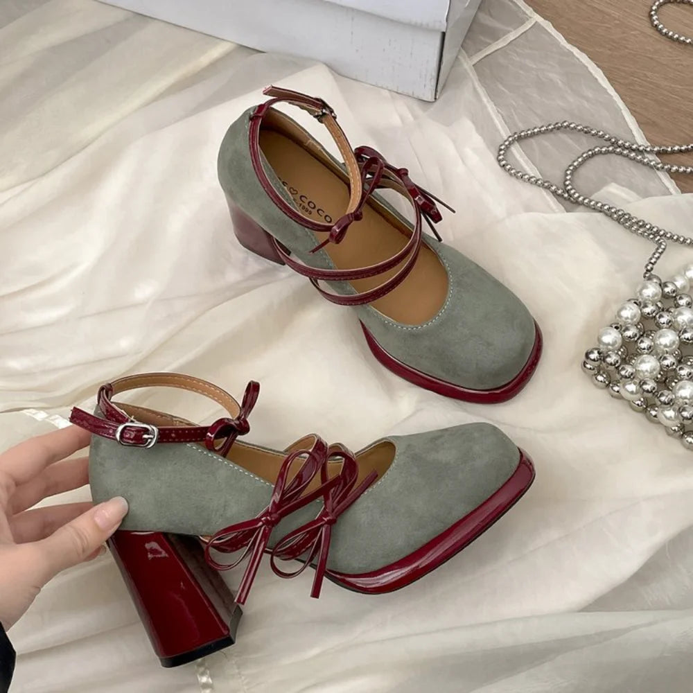 Vintage French Velvet Red Sole Heels Women Chunky High Heel Lace Up Mary Janes Retro Gothic Lolita Party Dress Shoes Elegant