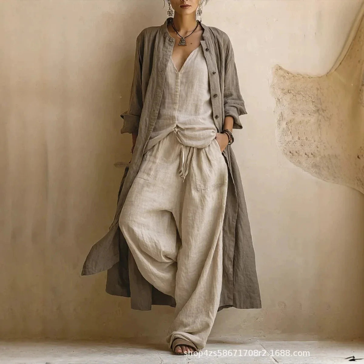 Women Casual Loose Long Sleeve 3 Piece Suits Autumn Vintage Solid Street Outfits Sexy V-neck Top + Long Pant + Cardigan Set