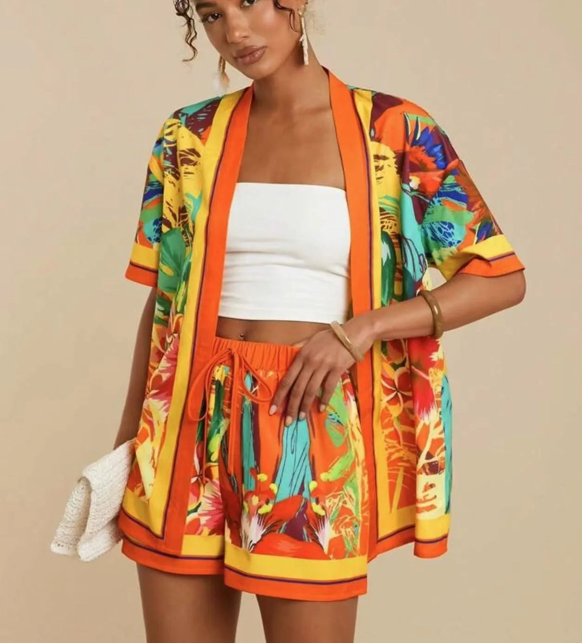 Summer Women's Suit With Shorts Crop Top Short Pants Drawstring Waist Floral Print Casual Shorts Two-piece Set