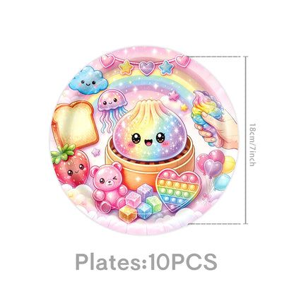 Squishy Bao Bun Themed Birthday Party Decorations Set Tableware Paper Plates Cups Cute Squishy Gift Bags Balloon Banner Supplies