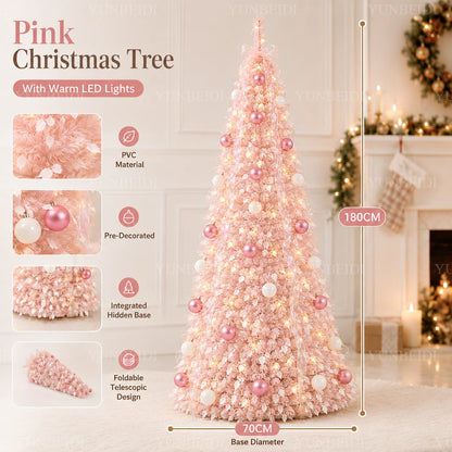 Pink Integrated Foldable Christmas Tree with Ornaments LED Lights High-end Christmas Tree 1.5M/1.8M Family Christmas Decorations