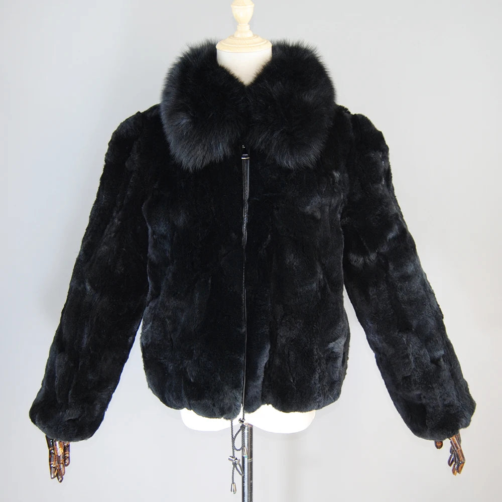 New Luxury Lady 100% Natural Rex Rabbit Fur Coat Women Winter Thick Warm Real Rex Rabbit Fur Jacket With Quality Fox Fur Collar