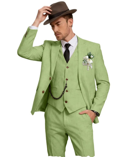 Men's 3 Piece Linen Suit, Slim Fit Notch Lapel Single Breasted Blazer Vest Pants Set Breathable Casual Business Wedding Suit