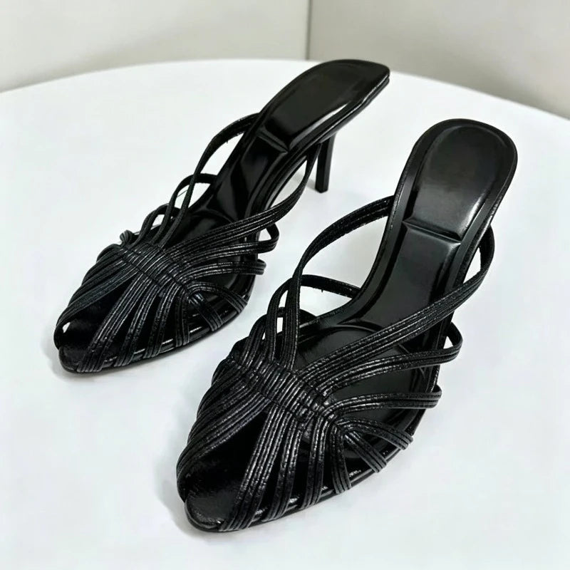 Gold Shiny Luxury Mules Heeled Sandals Women Weave Rome Heels for Ladies Banquet Dress Shoes Fashion Retro Slippers Women Slides