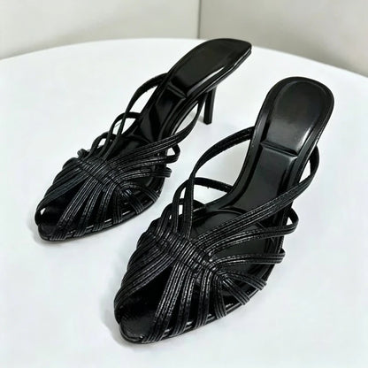Gold Shiny Luxury Mules Heeled Sandals Women Weave Rome Heels for Ladies Banquet Dress Shoes Fashion Retro Slippers Women Slides