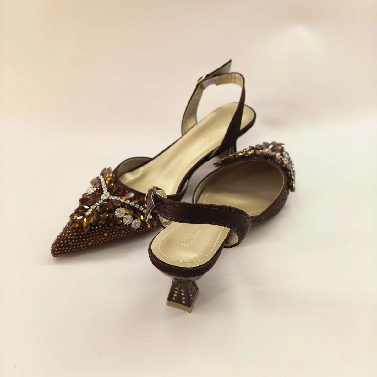 New Itlian Design Brown Color Rhinestone High Heel Shoe And Bag Fashion Style Pointed-Toe Shoes For Party Occasions
