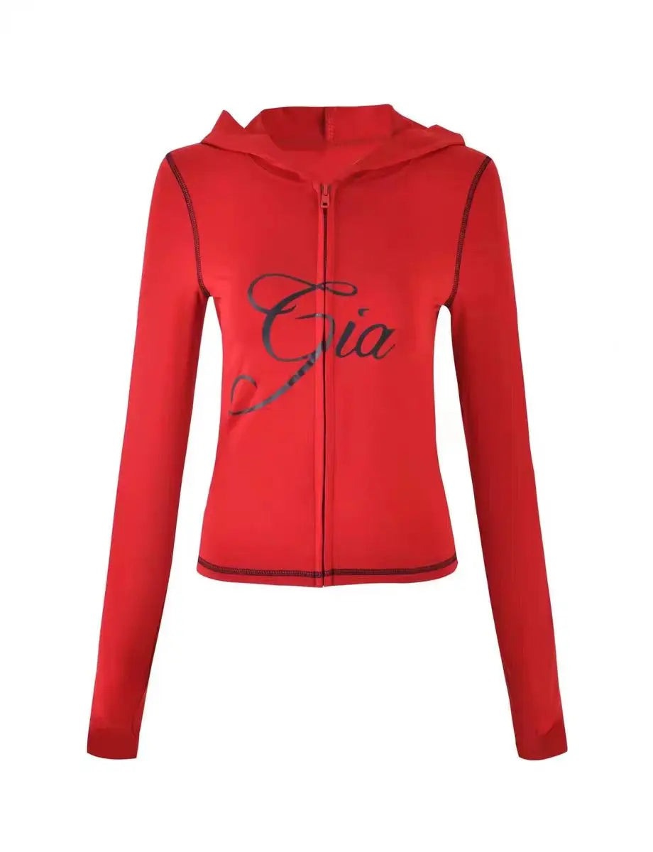 GIA Front Shoulder Slim Fit Jacket Pants Set with Letter Print Design Hooded Zipper Snake Pattern Short Fit Streetwear