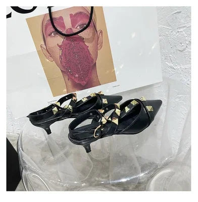 2024 New Rivet Pointed Thin Heel Baotou Half Slipper Female Middle Heel Shallow Mouth Lazy Mueller Shoes