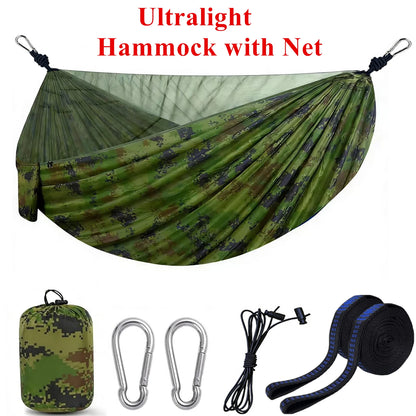Camping hammock with mosquito net, portable outdoor hammock with mosquito net, equipped with 2 straps and hooks, suitable for travel, backyard, beach, and other outdoor activities