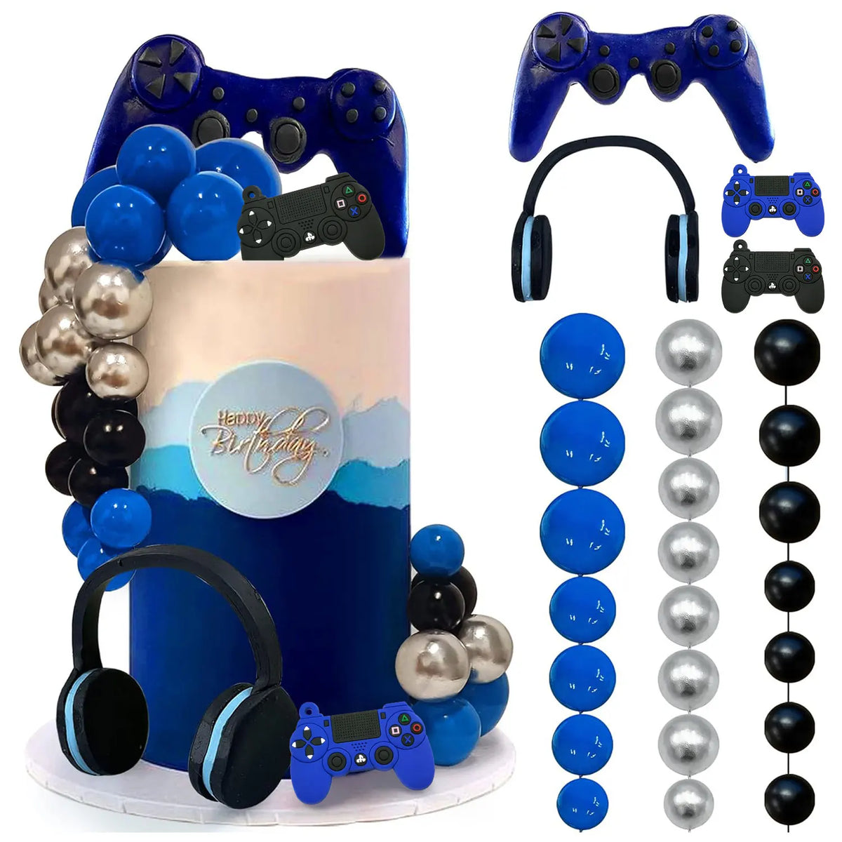 30PCS Video Game Themes Cake Toppers Headset Ball Game Controller Cake Decor for Game Theme Birthday Party Cake Decoration(Blue)