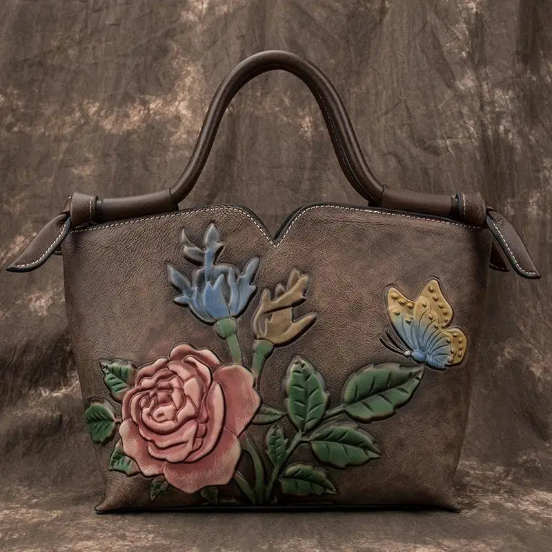 Johnature Retro Large Capacity Genuine Leather Luxury Handbags Women Bags 2026 New Floral Cowhide Shoulder&Crossbody Bags