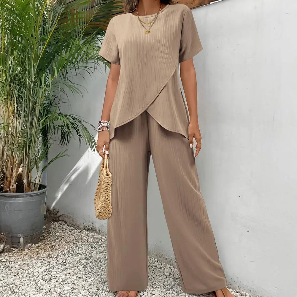 2026 Casual Solid Suit Women Summer Fashion Round Neck Short Sleeve Irregular Split Top Elastic Waist Trousers Two Piece Set