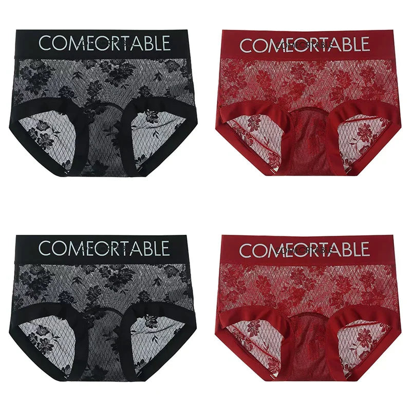 4PCS Women Seamless Panties Transparent Briefs Plus Size Lace Antibacterial Panties
