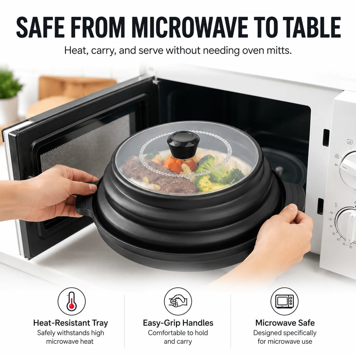 Uwhise 2-in-1 Microwave Splatter Cover for Food with Anti-Scald Base Plate Silicone Vented Collapsible Guard Lid Kitchen Gadgets