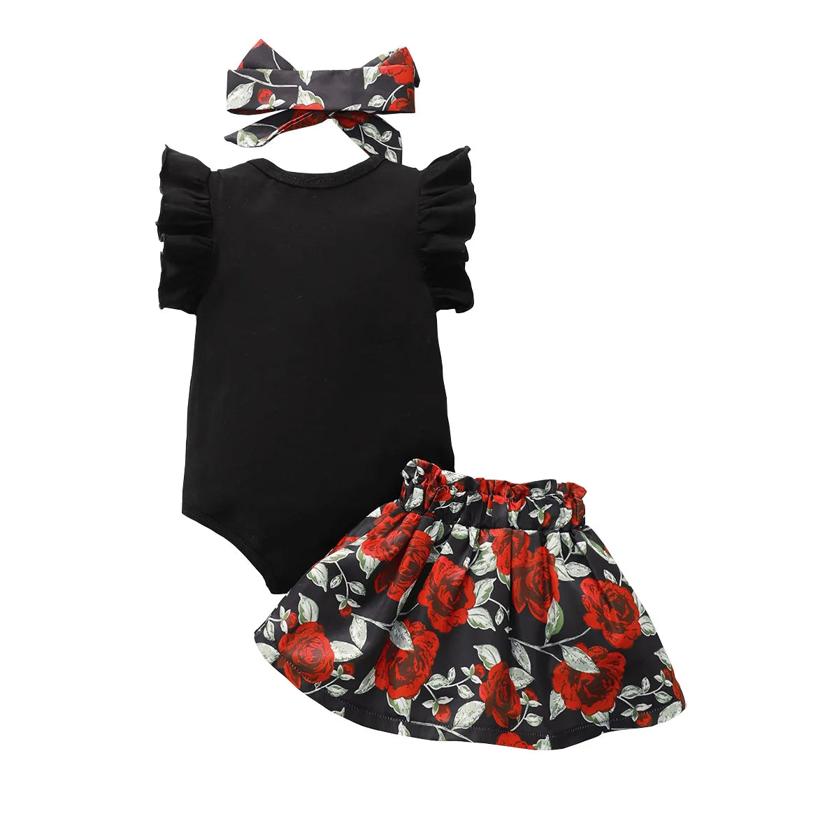Baby Girl 2Pcs Outfit Black Ruffle Sleeve Bodysuit Red Rose Floral Skirt Headband Set Newborn Infant Summer Clothes