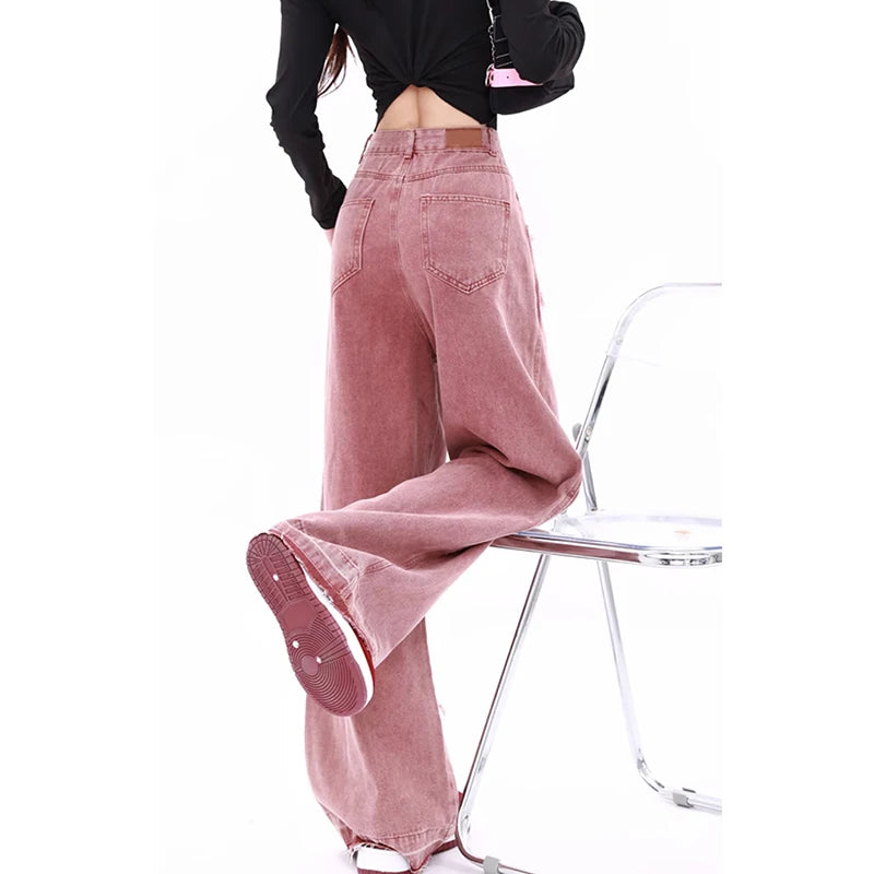 Women Streetwear Pink Jeans Vintage Star Print High Waisted American Retro Wide Leg Denim Pants Hip-hop Straight Y2K Trousers