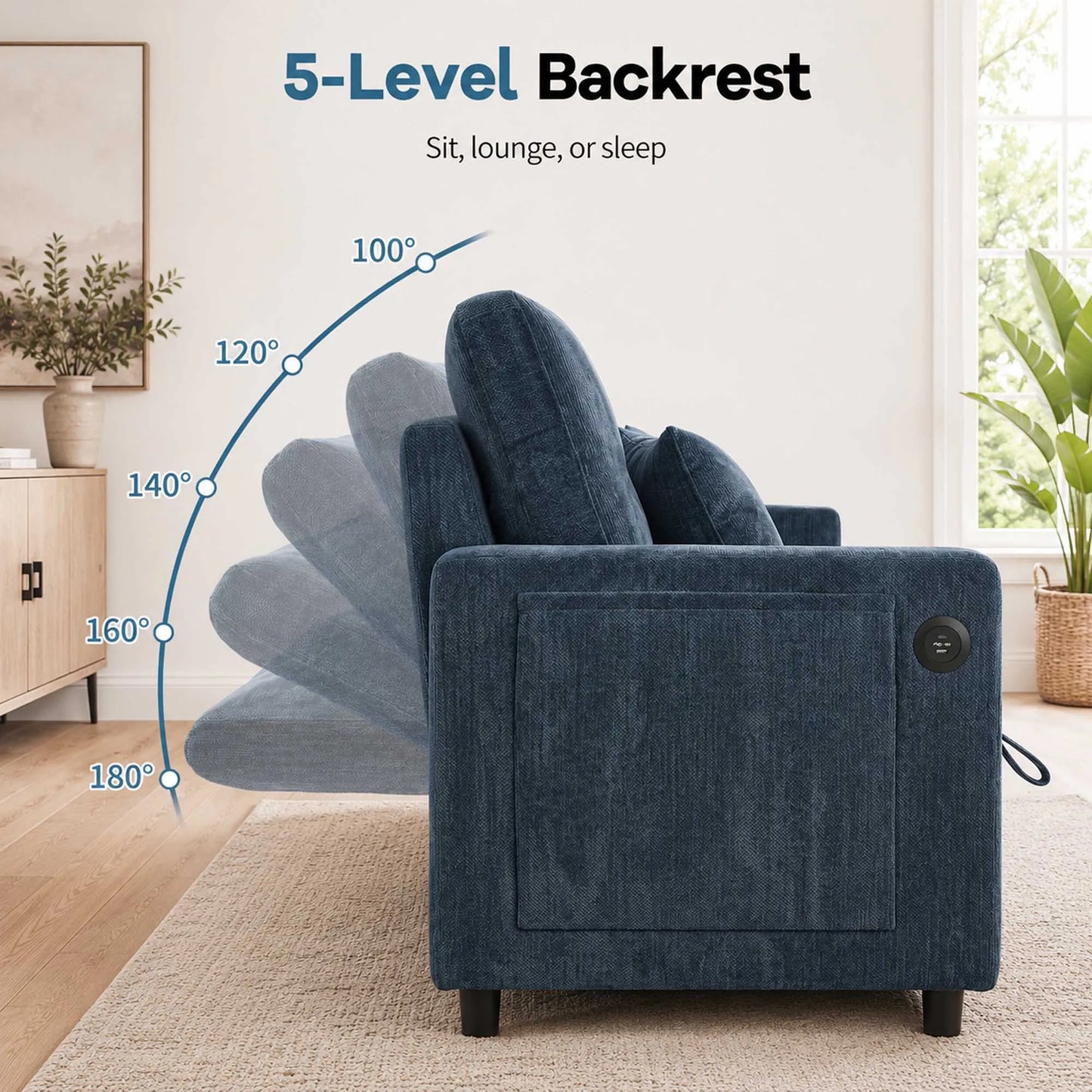 81.8" L-Shaped Sleeper Sofa with Pull Out Bed, Convertible Sectional Couch with Storage Chaise, USB/Type-C Charging and Cup Holders, Plush Chenille Modular Sofa for Living Room, Blue