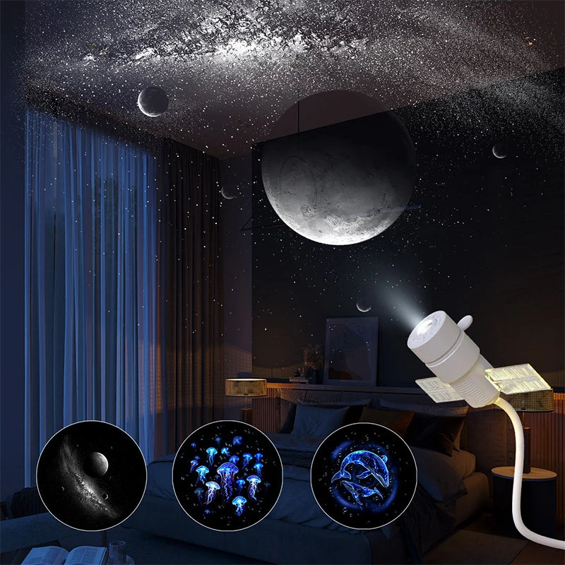 Satellite Shaped HD Star Projector & night light Plug and Play HD Dynamic Galaxy Projectors LED Night Light for Bedroom Ceiling