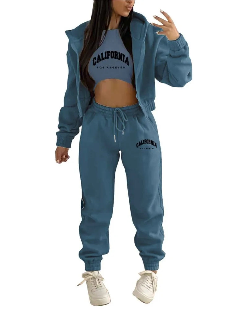 Autumn And Winter New Fleece Hoodie Letter Print Hooded Women's Suit Fashion Loose Casual Sports Pants Female 3 Piece Set 2024