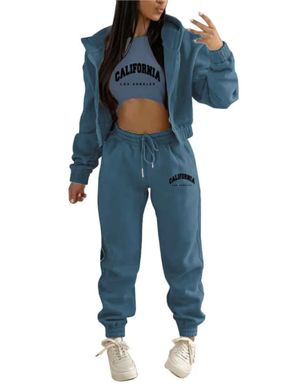 Autumn And Winter New Fleece Hoodie Letter Print Hooded Women's Suit Fashion Loose Casual Sports Pants Female 3 Piece Set 2024