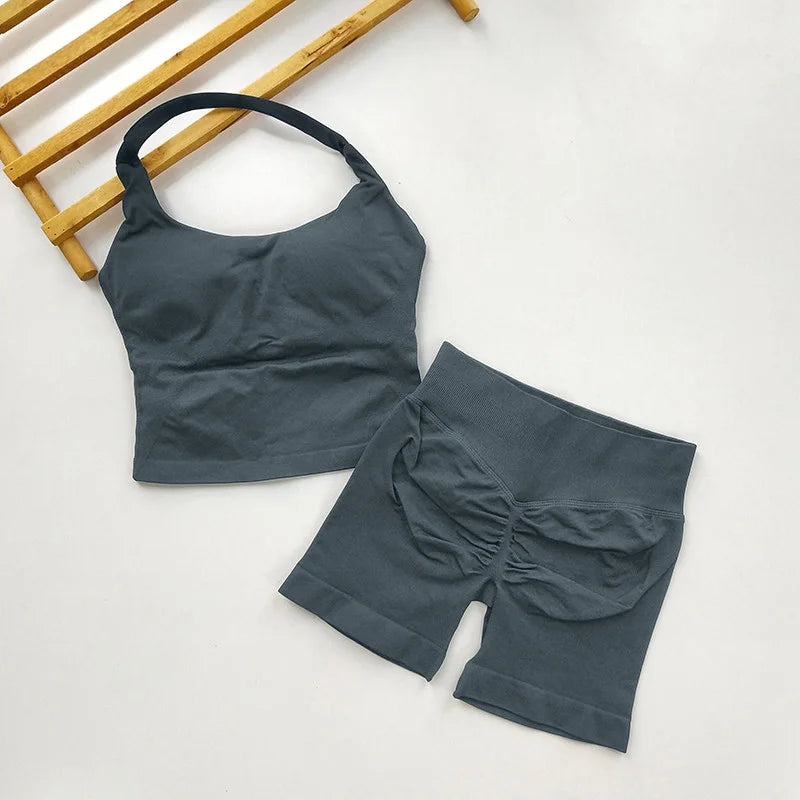 VEQKING Seamless 2pcs Women Yoga Sets Open Back Longline Sports Halter Bras Running Tank Tops Scrunch Butt Gym Workourt Shorts