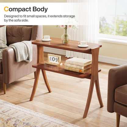 Tribesigns Walnut Side Table for Living Room, Narrow End Table with 2-Tier Storage Shelf and Solid Wood Legs, Slim Bedside Table