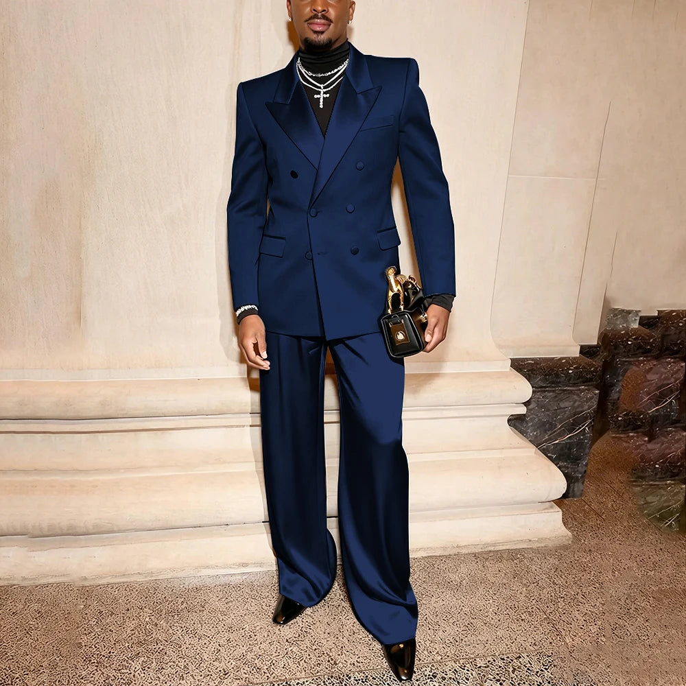 Elegant Men's Suits Classic Black Two Pieces Pant Sets Double Breasted Peaked Lapel Blazer Wedding Guest Evening Party Costume