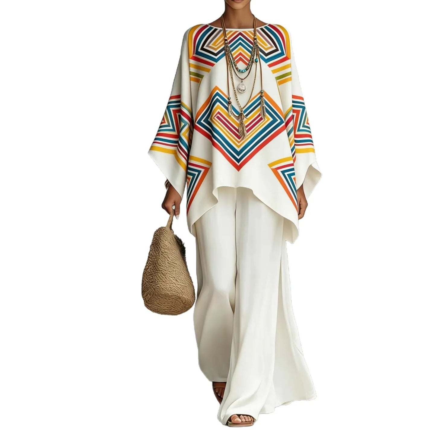 Boho Two Piece Set Summer Women's Loose Patchwork Wide Leg Pants Set Fashion O Neck Pullover Top 2-piece Set Outfit Streetwear