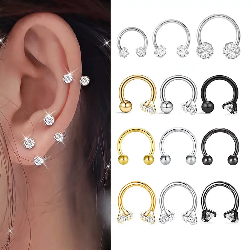 2Pcs Stainless Steel Crystal CZ Tragus Piercing Helix Studs Earrings For Women Girls Hoop Nose Ring Body Piercing Jewelry
