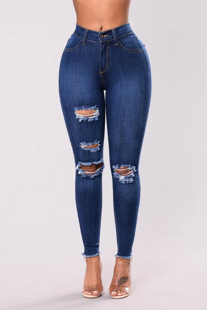 Custom Women's High Elastic Waist Stretch Ripped Straight Jeans Distressed Canvas Pants OEM Wholesale Manufacturer