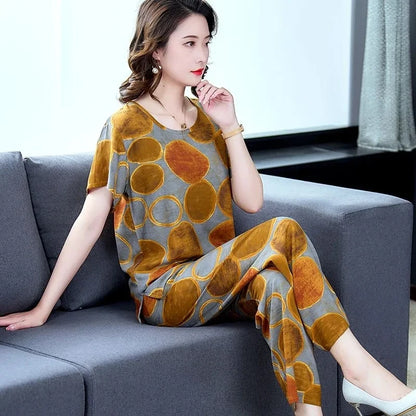 Cotton Silk Suit Summer Women's Sets New Casual Solid Color Short Sleeve Ankle-Length Pants 2 Piece Set Middle Age Mother Outfit