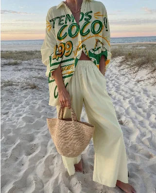 Summer Casual Shirts Two Piece Outfits 2 Pieces Set For Woman New In Matching Sets Blouse For Woman Temperament Vacation Printed