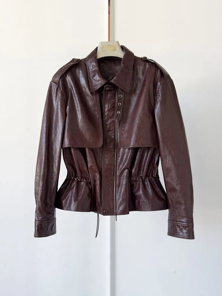 High Quality Chic Ladies Genuine Leather Short Jacket Zipper Turndown Collar Women Retro Oil Wax Sheepskin Jackets Casual Coat
