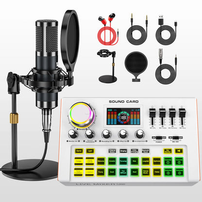 Tenlamp Y300-P15B Podcast Microphone Bundle with Live Sound Card Audio Mixer, 3.5mm Condenser Mic for PC Smartphone Gaming Streaming Singing YouTube Vlog Studio Recording