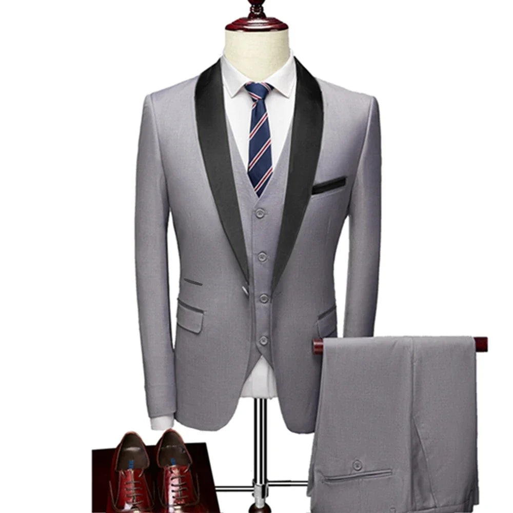 US Size Men Lapel Black Collar 3 Pcs Suit Set Coat Vest Trousers / Business Groom Wedding Dress Fprmal Blazer Pants Waistcoat