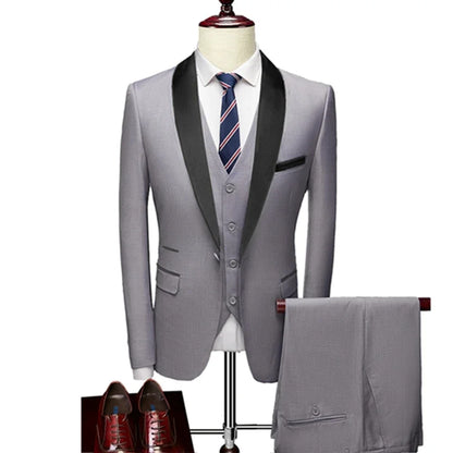 US Size Men Lapel Black Collar 3 Pcs Suit Set Coat Vest Trousers / Business Groom Wedding Dress Fprmal Blazer Pants Waistcoat