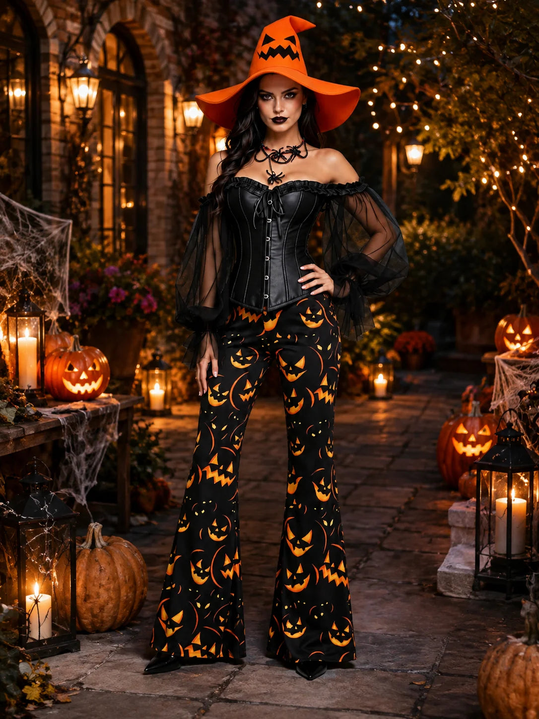Womens Halloween Witch Cosplay Outfit, Off Shoulder Sheer Mesh Sleeve Corset Top Pumpkin Face Print Flare Pants & Witch Hat for Carnival Costume Party