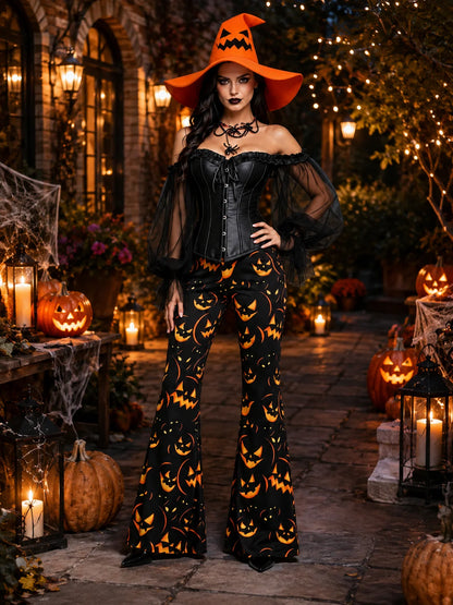Womens Halloween Witch Cosplay Outfit, Off Shoulder Sheer Mesh Sleeve Corset Top Pumpkin Face Print Flare Pants & Witch Hat for Carnival Costume Party