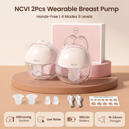 NCVI 2Pcs Pink Wearable Breast Pump Hands-Free 4 Modes 9 Levels Adjustable Suction LCD Display Low Noise 180min Battery 19-24mm Flanges BPA-Free Leakproof