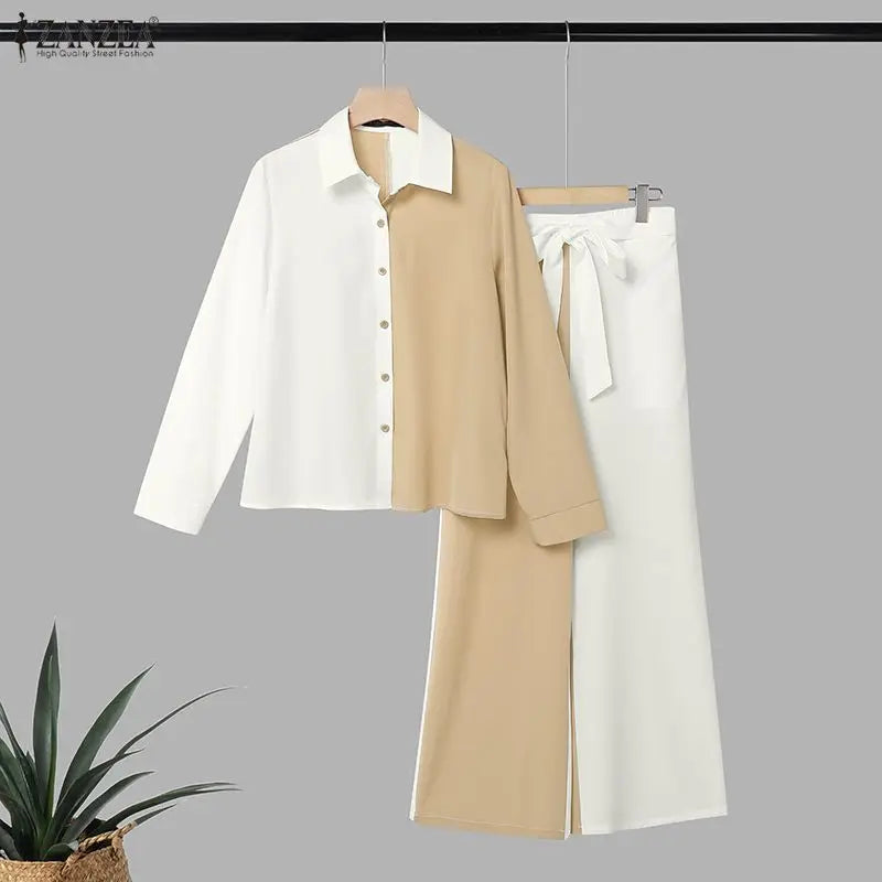 Fashion Women Matching Sets ZANZEA Autumn Long Sleeve Shirt Belted Wide Leg Pant Sets 2 Piece Chic Color-Blocking Office Outfits