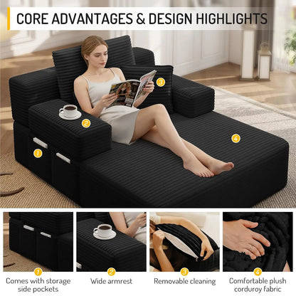 2-in-1 Convertible Chaise Lounge Indoor, 60.2" Corduroy Upholstered Chaise Lounge Chair that Converts to Sleeper, Custom