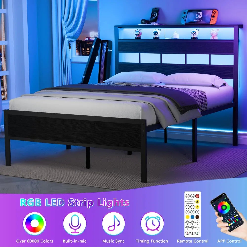 Full Bed Frame & Wood Storage Headboard,LED Light & Charging Station,2-Tier Shelves,Metal Platform,Bedroom,Full, Custom