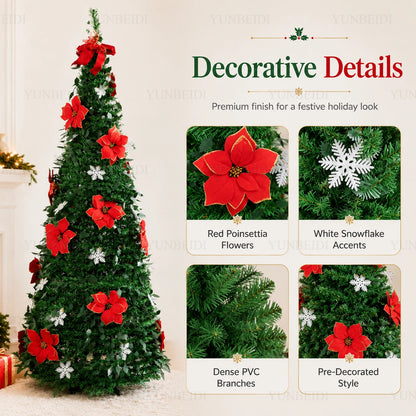 Foldable Integrated Artificial Christmas Tree with Ornaments LED Lights Exquisite 180CM Christmas Tree Home Christmas Decoration
