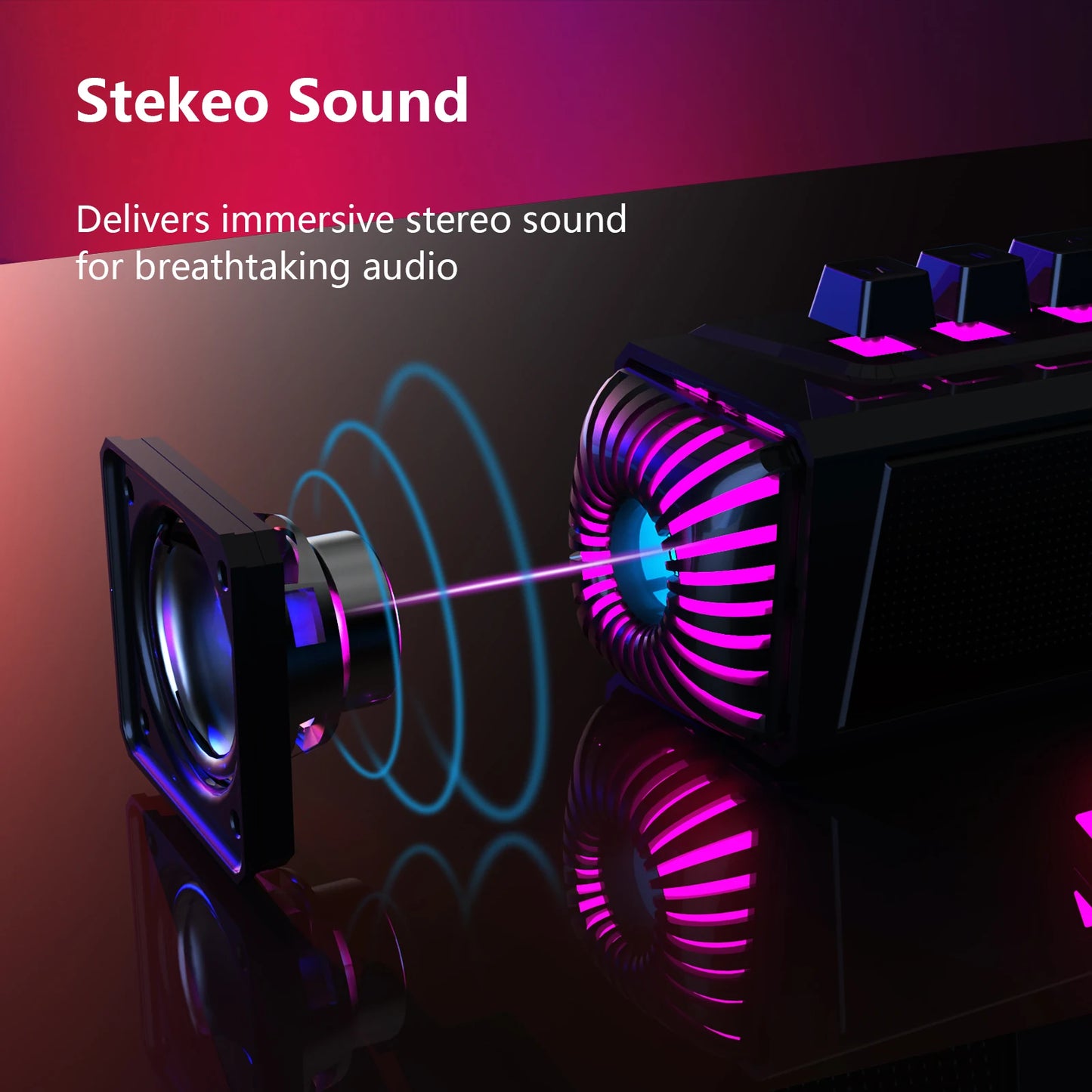 Computer speakers for desktop/laptop with Bluetooth/wired connectivity and dual-mode for gaming/music, featuring microphone.