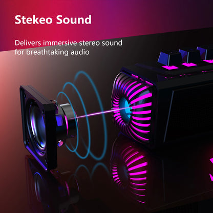 Computer speakers for desktop/laptop with Bluetooth/wired connectivity and dual-mode for gaming/music, featuring microphone.