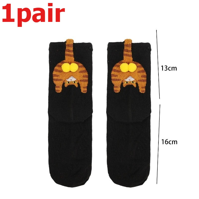 4pcs Funny Abstract 3D Cat Butt Mid-Tube Socks Cartoon Quirky Cotton Casual Socks Cat Egg Floor Sock for Cute Girls Couple Gifts