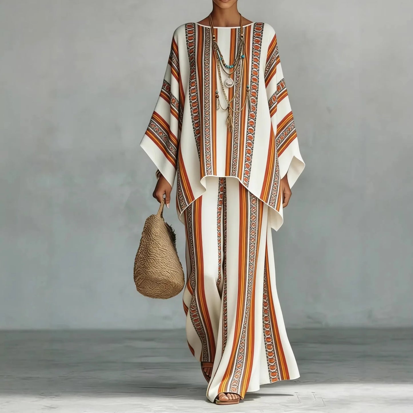 Boho Two Piece Set Summer Women's Loose Patchwork Wide Leg Pants Set Fashion O Neck Pullover Top 2-piece Set Outfit Streetwear