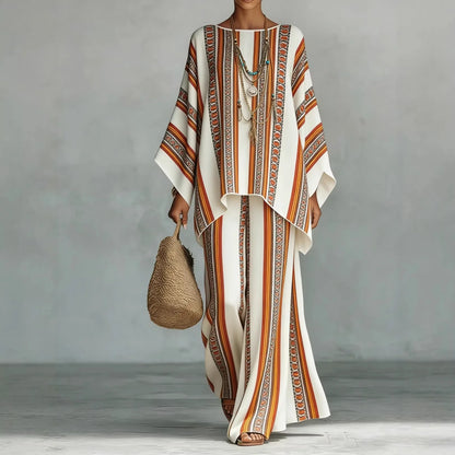 Boho Two Piece Set Summer Women's Loose Patchwork Wide Leg Pants Set Fashion O Neck Pullover Top 2-piece Set Outfit Streetwear