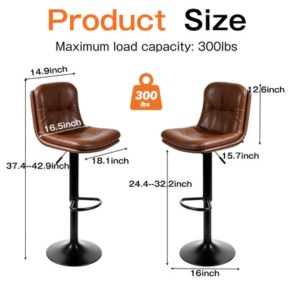 Adjustable Height Counter Height Bar Stools Set of 2,360 Swivel PU Leather Bar Chairs with Backrest Padded Seat Footrest for Kitchen Island Home Bar Restaurant