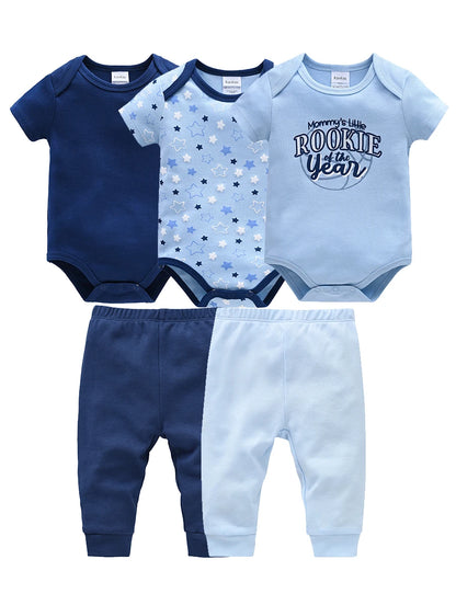New Baby Boy Clothes Summer 100%Cotton Blue Grey Tie Print Three Piece Short Sleeve Bodysuit Pants Vetements Bebe For 0-12M